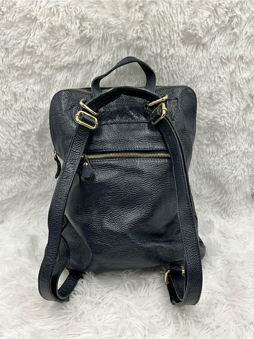 L. CREDI Backpack Navy Pebbled Leather Made in Italy Gold-tone Hardware